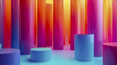 Abstract scene with colorful cylinders in vibrant orange, pink, and blue tones under surreal