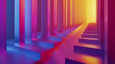 Abstract corridor with pillars in vibrant pink, purple, blue, and yellow tones creating a light