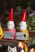 Colourful garden gnomes in front of a shop, Leer, East Frisia, Germany, Europe