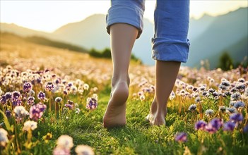 A young woman walks barefoot through a wildflower meadow, AI generated, AI generated