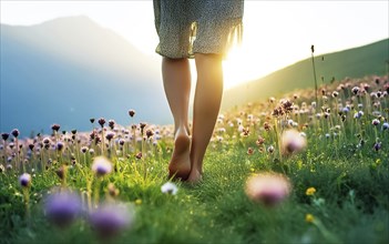 A young woman walks barefoot through a wildflower meadow, AI generated, AI generated