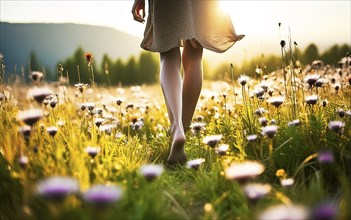 A young woman walks barefoot through a wildflower meadow, AI generated, AI generated