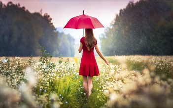 A young woman with a red summer dress and umbrella walks barefoot through a wildflower meadow in