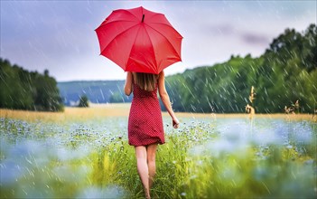 A young woman with a red summer dress and umbrella walks barefoot through a wildflower meadow in