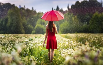 A young woman with a red summer dress and umbrella walks barefoot through a wildflower meadow in