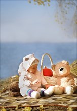 A baby dressed in a pink outfit sits on a blanket near a lake, accompanied by a teddy bear and a