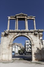 Hadrian's Gate, Hadrian's Arch, at the entrance to the Athenian Olympeion, blue sky, Athens,