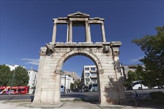 Hadrian's Gate, Hadrian's Arch, at the entrance to the Athenian Olympeion, blue sky, Athens,