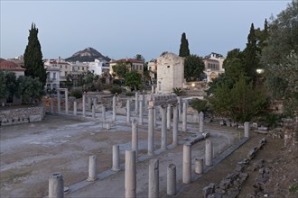 Roman Agora with Tower of the Winds, twilight, Plaka neighbourhood, Athens, Greece, Europe