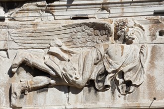 Wind god Eurus, east wind, relief on the Tower of the Winds, Roman Agora, Athens, Greece, Europe