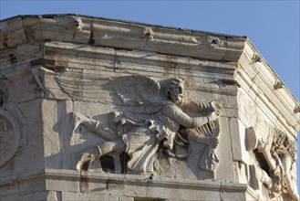 Wind god Boreas, north wind, relief on the Tower of the Winds, Roman Agora, Athens, Greece, Europe