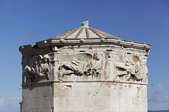 Wind god Eurus, east wind, relief on the Tower of the Winds, Roman Agora, Athens, Greece, Europe