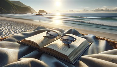 A book and a pair of sunglasses are on a blanket on a beach. Concept of relaxation and leisure, as