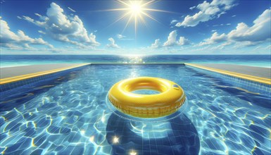 A yellow inflatable ring floats in a pool on a sunny day. The pool is surrounded by a beach and the