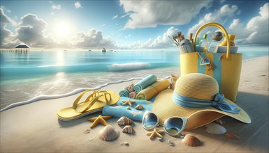 A beach scene with a yellow bag, a hat, and a pair of flip flops. The bag is filled with beach