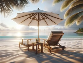 A beach scene with a white umbrella and a lounge chair. Scene is relaxing and peaceful, AI