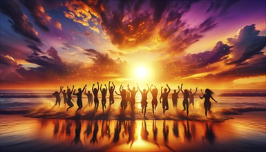 A group of people are jumping into the ocean at sunset. Scene is joyful and celebratory, AI