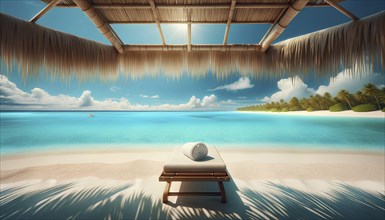 A beach scene with a white towel on a lounge chair. The beach is calm and peaceful, with the ocean