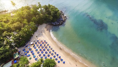 A beach with many umbrellas and people. The sky is blue and the water is calm, AI generated