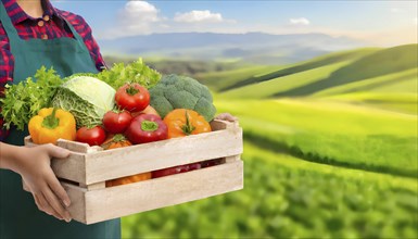 A woman is holding a wooden crate full of vegetables. The crate is filled with a variety of