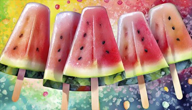 A colorful painting of a bunch of watermelon popsicles. The popsicles are hanging on a line, and