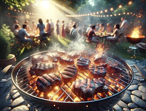 A group of people are gathered around a grill, cooking meat and enjoying a barbecue. The atmosphere