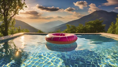 A pink inflatable ring floats on top of a pool. The pool is surrounded by trees and mountains in