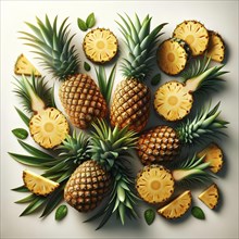 A close up of a pineapple with a few slices missing. The pineapple is surrounded by other fruits