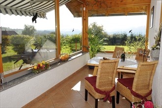 Cosy conservatory as a dining area with wooden table and chairs, surrounded by windows with views