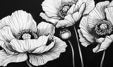 Poppies monochrome illustration, AI generated