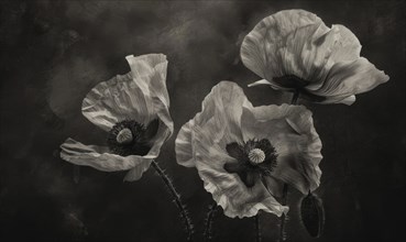 Poppies in charcoal, rich shading, monochrome illustration, AI generated