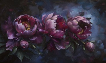 Peonies in oil painting, rich textures, deep colors, classic style, AI generated