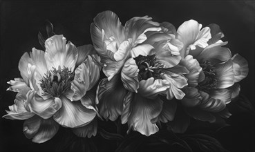 Peonies on charcoal black background, AI generated