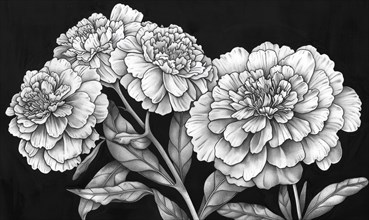 Black and white background with marigold flowers, AI generated