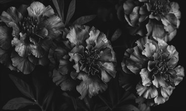 Marigolds on charcoal black background, AI generated