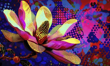 Magnolias in Pop Art style, bright colors, dotted patterns, high contrast, AI generated