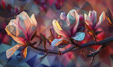 Magnolias in low poly, geometric shapes, AI generated