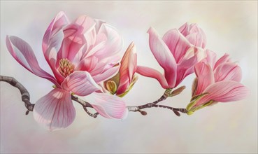 Magnolias in colored pencils, soft gradients, vibrant hues AI generated