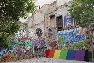 Children's playground between demolished houses in Exarchia, neighbourhood of students and