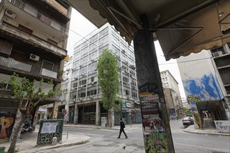 Streets with run-down apartment blocks in Exarchia, student and alternative neighbourhood, Athens,