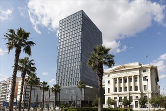 Piraeus Tower skyscraper, next to former bank building, Piraeus, Athens, Attica, Greece, Europe