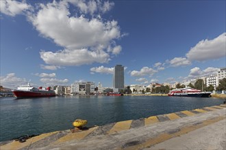 Harbour with Piraeus Tower skyscraper, Kantharos Harbour, Piraeus, Athens, Attica, Greece, Europe