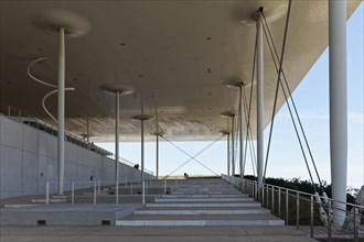 Stairs to the viewing terrace under a floating flat roof, cultural centre of the Stavros Niarchos