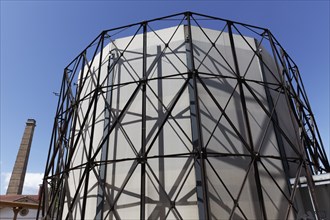 Former gas holder 1, steel skeleton graphic, industrial monument Athens gasworks from 1857, today