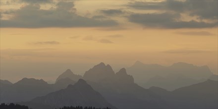 Mountain panorama from Grünten, 1783m, to the Tannheim mountains, Allgäu Alps, Tyrol, Austria,