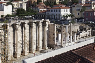 Ruins of Hadrian's Library, west wall with Corinthian columns, Plaka historic centre, Athens,