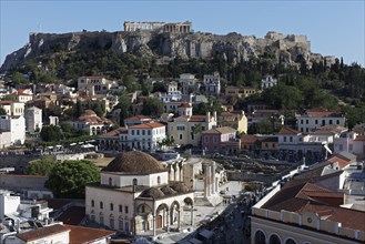 View of Monastiraki Square and Acropolis, Ottoman mosque from 1759, Plaka historic centre, Athens,