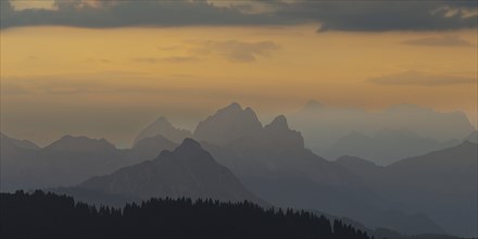 Mountain panorama from Grünten, 1783m, to the Tannheim mountains, Allgäu Alps, Tyrol, Austria,