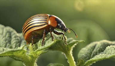 Symbol, Colorado potato beetle on a potato plant, close-up, Leptinotarsa decemlineata, AI