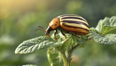 Symbol, Colorado potato beetle on a potato plant, close-up, Leptinotarsa decemlineata, AI